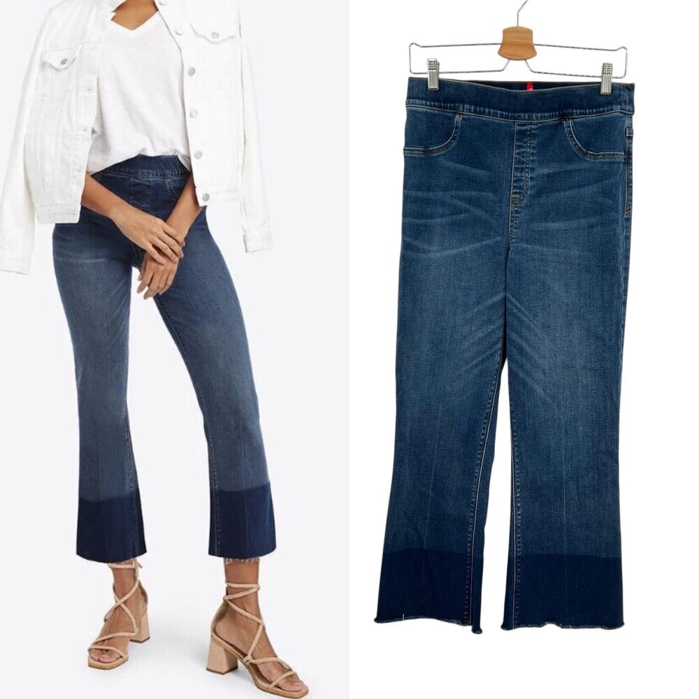 Spanx Cropped Flare Denim Jeans Medium Wash Dip Dye Hem Blue Size Large‎